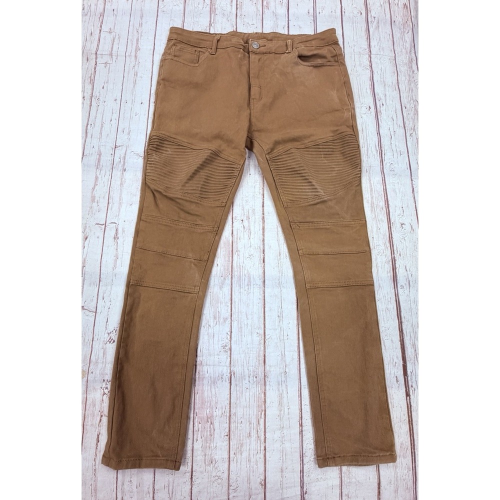Men's Tan Moto Biker Jeans Slim Fit Ribbed Knee Skinny Stretch Pants sz 40